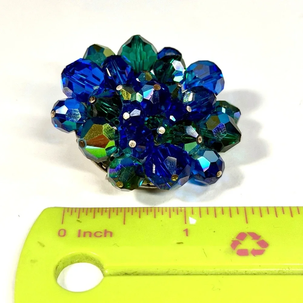 Vintage Blue Green AB Faceted Crystal Cluster Brooch Pin Flower Statement 1 1/2